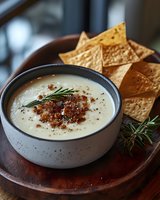 Creamy potato soup garnished with crispy bacon bits and fresh rosemary, served in ceramic bowl with tortilla chips on wooden board. Close up food photography.