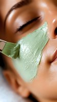 Young woman with closed eyes receiving green clay facial mask application with cosmetic brush. Spa skincare treatment for natural beauty and wellness.