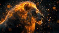 Majestic lion profile with glowing orange particles and fire effects against dark background, dramatic wildlife art with burning mane and sparks.