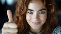 Young Caucasian woman with curly red hair and freckles giving thumbs up gesture, smiling at camera with positive expression for success and approval concepts.