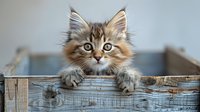 Adorable fluffy kitten with bright blue eyes peeks over edge of rustic wooden box, paws hanging over side. Maine Coon breed cat shows curious expression against soft background.
