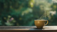 Steaming coffee cup on wooden table with blurred green garden background creating peaceful morning atmosphere for relaxation and mindfulness concepts.