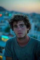 Young Caucasian man with curly hair and blue eyes at twilight, coastal town with blurred lights in background, soft evening atmosphere for lifestyle content.
