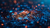 Abstract digital technology background with glowing blue and orange circular pattern, futuristic data visualization concept for tech presentations and designs.