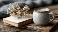 Cozy morning scene with ceramic coffee mug, open book and dried flowers on rustic wooden table. Perfect for lifestyle blogs, cafes and relaxation themes.