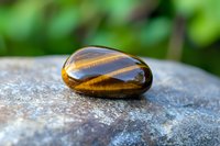 Polished tiger's eye crystal on natural stone surface with green foliage background, showcasing golden brown bands and chatoyant optical effect in natural light.