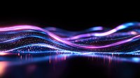 Glowing neon waves with pink and blue light trails against dark background, sparkling particles creating dynamic motion effect for modern abstract design.