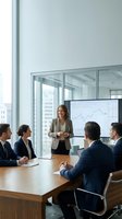 Businesswoman presenting financial growth chart to diverse corporate team in modern glass conference room with city skyline view for business meetings and strategy sessions.
