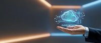 Businessman hand presenting glowing cloud computing network hologram with connected data points for digital transformation and technology solutions.