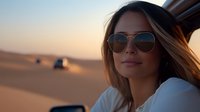 Young Caucasian woman wearing aviator sunglasses smiling at sunset in desert landscape with sand dunes and off-road vehicles in background, warm golden light.