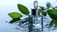 Glass dropper bottle with essential oil creating concentric ripples in clear water, surrounded by fresh green leaves. Natural skincare and aromatherapy concept.