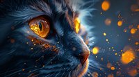Mystical close-up of cat's amber eye with magical glowing orange bokeh lights and sparks, perfect for fantasy book covers and mysterious animal art projects.