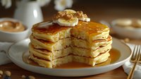 Stacked fluffy pancakes with butter and syrup on white plate, breakfast food photography for culinary and dining content.
