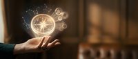 Businessman hand holding glowing compass with gears symbolizing direction, leadership and strategic business navigation in corporate environment.