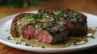 Medium-rare grilled steak with herb garnish and pan sauce on white plate, fine dining presentation for restaurant menus and culinary content.