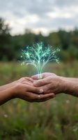 Hands protecting glowing digital tree hologram symbolizing environmental conservation, sustainability, and green technology innovation in nature.