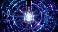 Glowing light bulb surrounded by futuristic digital interface with mathematical formulas and technological elements representing innovation and scientific discovery.