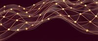 Abstract flowing network with golden nodes and connecting lines on dark burgundy background for technology and data visualization concepts.