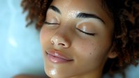 Young African American woman with curly hair and closed eyes expressing serenity and peace against blue background, natural beauty skincare concept.