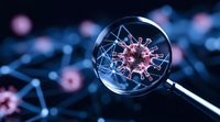 Magnifying glass revealing detailed pink virus structure on dark blue background with molecular connections, scientific research concept for medical studies.