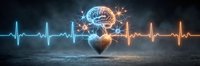 Digital brain with neural connections floating above heartbeat rhythm line on dark atmospheric background for medical technology concepts.