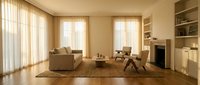 Modern minimalist living room interior with beige furniture, wooden floors, built-in shelving and large windows with natural light for home design.