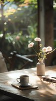 Serene morning scene with coffee cup and delicate white flowers in ceramic vase on wooden table, sunlight casting soft shadows through window, creating cozy atmosphere.
