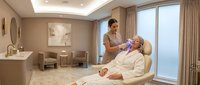 Professional spa therapist performing facial treatment on relaxed client in luxury wellness center with modern amenities and natural lighting atmosphere.