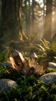 Smoky quartz crystal cluster on moss-covered rocks in enchanted forest with golden sunlight rays filtering through trees creating magical atmosphere.