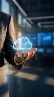 Businessman holding glowing cloud computing hologram in modern office environment representing digital transformation and data storage solutions.