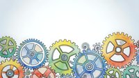 Colorful mechanical gears and cogs border design on white background for engineering, technology and industrial concepts in presentations and layouts.
