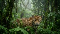 Majestic jaguar resting in lush tropical rainforest surrounded by dense green vegetation and ferns creating natural wildlife habitat scene.