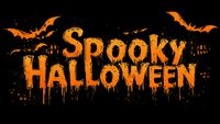Orange dripping text saying Spooky Halloween with flying bats and haunted house silhouettes on black background, gothic horror style lettering.