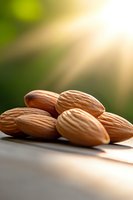 Fresh raw almonds on blurred natural green background with sunlight. Close up macro shot showing detailed texture of nuts for healthy eating concept.