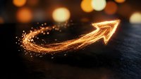 Golden glowing arrow pointing upward with sparkling particles on dark background, symbolizing growth, success, and positive business momentum for financial concepts.