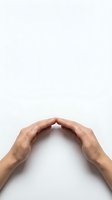 Two hands forming protective shelter gesture on white background symbolizing care, security and support concepts for insurance business presentations.