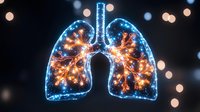 Glowing human lungs with blue outline and orange bronchial tree illuminated against dark background with bokeh lights, medical science concept visualization.