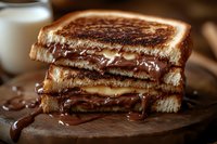 Grilled sandwich with melted chocolate and peanut butter filling on wooden cutting board, comfort food dessert for cafes and restaurants.