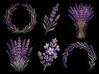 Lavender botanical elements collection with isolated bunches, sprigs, and decorative wreaths on transparent background. Ready for t-shirt design, clipart, stickers, sublimation, and print-on-demand products.