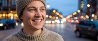 Happy young Caucasian woman in knit beanie and sweater smiling on city street at dusk with bokeh lights background for lifestyle and urban fashion concepts.