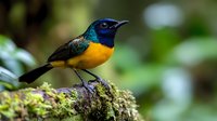 Small colorful songbird with bright blue head, orange breast and dark wings perched on mossy branch in natural forest habitat for wildlife photography.