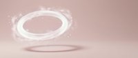 Glowing white halo with sparkles floating above podium on soft pink background, isolated for design use on merchandise and graphics.