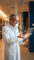 Senior Caucasian male doctor in white coat using digital tablet with glowing network connections in modern hospital corridor for telemedicine and healthcare technology.