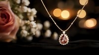 Elegant teardrop ruby pendant necklace with diamond halo on gold chain, displayed against dark fabric with soft bokeh lights and roses in background.
