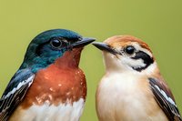 Colorful bird pair with vibrant plumage, blue-headed and orange-breasted male alongside cream and black female, against soft green background.