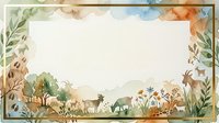 Young deer and rabbit grazing in meadow surrounded by wildflowers, trees, and botanical elements in watercolor style frame with cream background for nursery decor.