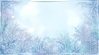 Frost patterns and ice crystals frame a light blue and white gradient background, creating a winter border design suitable for seasonal cards, invitations, and holiday graphics.