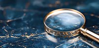 Elegant magnifying glass with golden frame on dark marble background with glowing lines creates mysterious detective atmosphere. Great for investigation concepts.