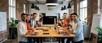 Diverse business team collaborating around wooden conference table in modern brick office space with natural lighting and contemporary design elements.