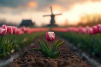 Single pink tulip emerging from soil at sunset with traditional Dutch windmill silhouette in background, surrounded by rows of flowering tulip fields in Netherlands.